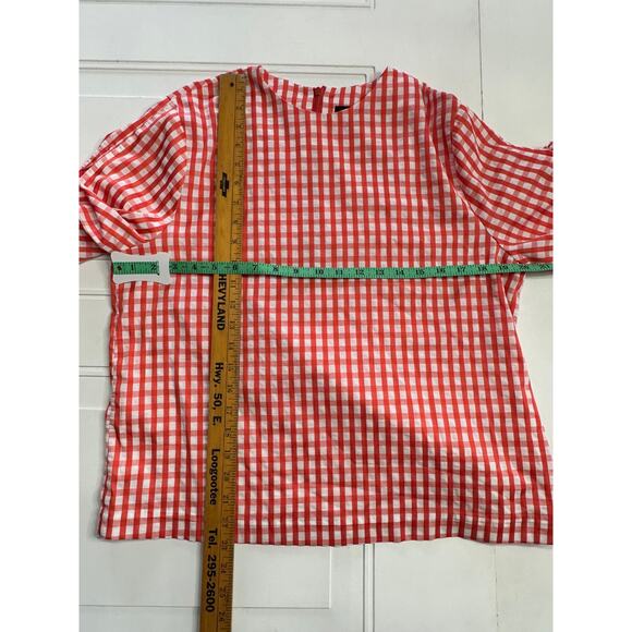 Style Mafia Seersucker Red Plaid Checker Blouse Long Tie Sleeves Size Medium M - Picture 5 of 5